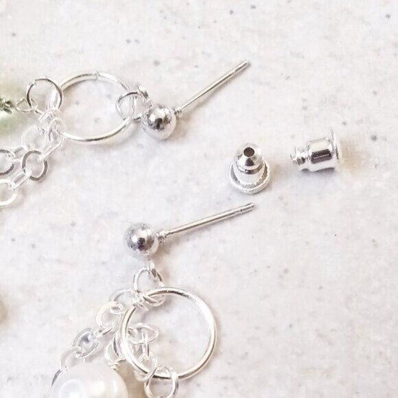 Flashy Teal Green Butterfly + Genuine Pearls! Handmade Cluster Dangle Earrings - Picture 5 of 6